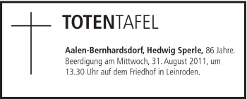 Traueranzeige von Hedwig Sperle von Gmünder Tagespost