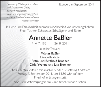 Traueranzeige von Annette Baßler von 020