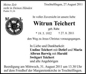 Traueranzeige von Witrun Teichert von Schwäbische Post