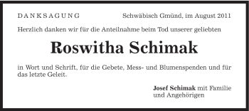 Traueranzeige von Roswitha Schimak von Gmünder Tagespost
