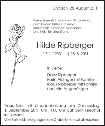 Traueranzeige von Hilde Ripberger von Gmünder Tagespost