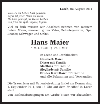 Traueranzeige von Hans Maier von Gmünder Tagespost
