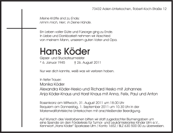 Traueranzeige von Hans Köder von Schwäbische Post