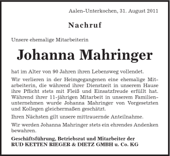 Traueranzeige von Johanna Mahringer von Schwäbische Post