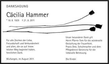 Traueranzeige von Cäcilia Hammer von Gmünder Tagespost
