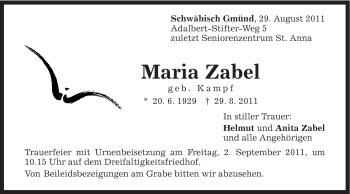Traueranzeige von Maria Zabel von Gmünder Tagespost