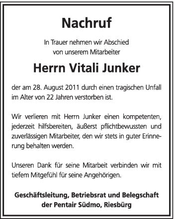 Traueranzeige von Vitali Junker von Schwäbische Post