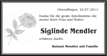 Traueranzeige von Siglinde Mendler von Schwäbische Post