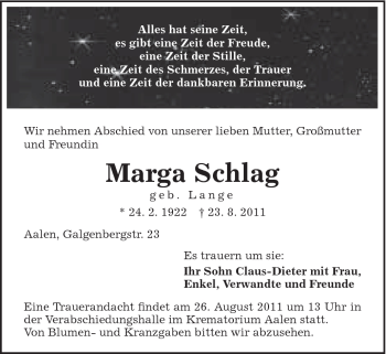 Traueranzeige von Schlag Marga von Schwäbische Post