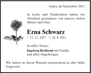 Traueranzeige von Erna Schwarz von Schwäbische Post