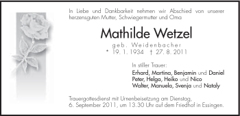 Traueranzeige von Mathilde Wetzel von Schwäbische Post