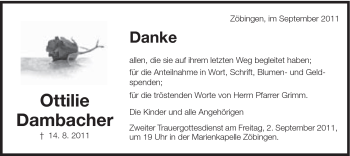 Traueranzeige von Ottilie Dambacher von Schwäbische Post