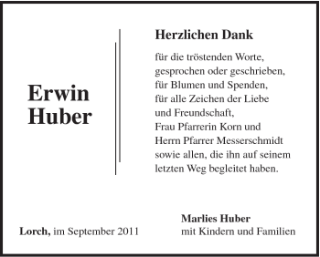 Traueranzeige von Erwin Huber von Gmünder Tagespost