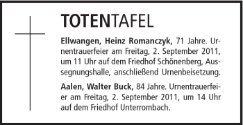 Traueranzeige von Heinz Romanczyk von Schwäbische Post