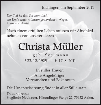 Traueranzeige von Christa Müller von Schwäbische Post
