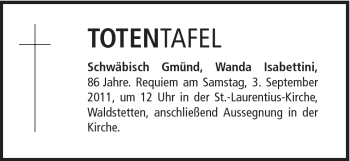 Traueranzeige von Wanda Isabettini von Gmünder Tagespost