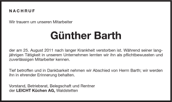 Traueranzeige von Günther T. Barth von Gmünder Tagespost