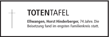 Traueranzeige von Horst Hinderberger von Schwäbische Post