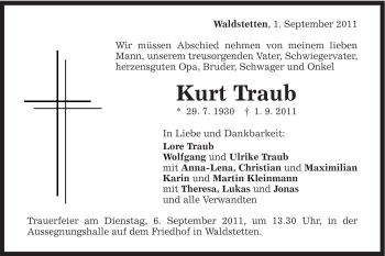 Traueranzeige von Kurt Traub von Gmünder Tagespost