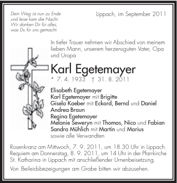 Traueranzeige von Karl Egetemayer von Schwäbische Post