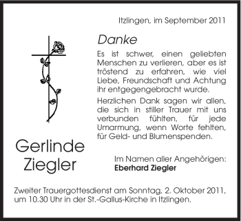 Traueranzeige von Gerlinde Ziegler von Schwäbische Post