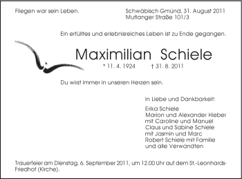 Traueranzeige von Maximilian Schiele von Gmünder Tagespost