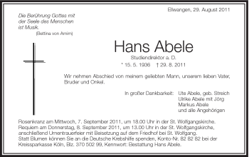 Traueranzeige von Hans Abele von Schwäbische Post