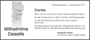 Traueranzeige von Wilhelmine Deseife von Schwäbische Post