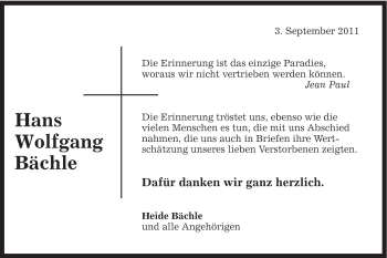 Traueranzeige von Hans Wolfgangg Bächle von Gmünder Tagespost