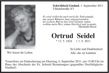 Traueranzeige von Ortrud Seidel von Gmünder Tagespost