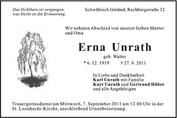 Traueranzeige von Erna Unrath von Gmünder Tagespost