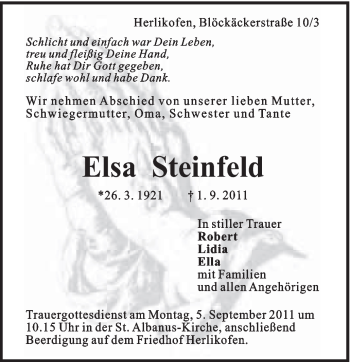 Traueranzeige von Elsa Steinfeld von Gmünder Tagespost