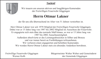 Traueranzeige von Ottmar Lakner von Gmünder Tagespost