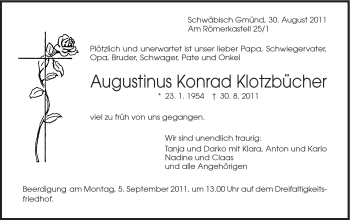 Traueranzeige von Augustinus Konrad Klotzbücher von Gmünder Tagespost