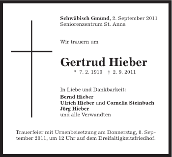 Traueranzeige von Gertrud Hieber von Gmünder Tagespost