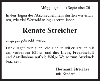 Traueranzeige von Renate Streicher von Gmünder Tagespost