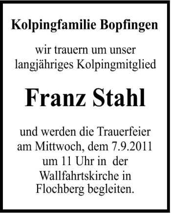 Traueranzeige von Franz Stahl von Schwäbische Post