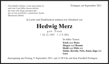 Traueranzeige von Hedwig Merz von Schwäbische Post