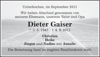 Traueranzeige von Dieter Gaiser von Schwäbische Post