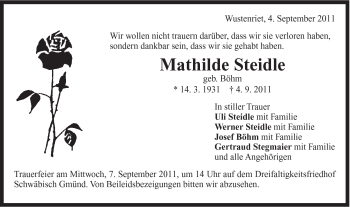 Traueranzeige von Mathilde Steidle von Gmünder Tagespost