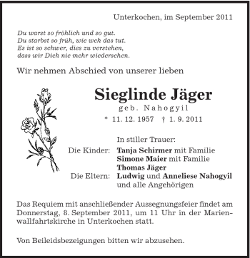 Traueranzeige von Sieglinde Jäger von Schwäbische Post