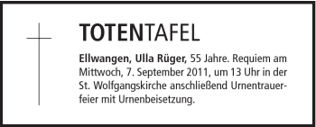 Traueranzeige von Ulla Rüger von Schwäbische Post