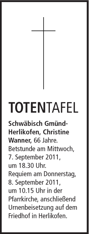 Traueranzeige von Christine Wanner von Gmünder Tagespost