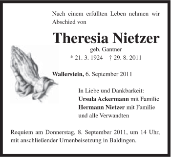 Traueranzeige von Theresia Nietzer von Schwäbische Post