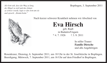 Traueranzeige von Eva Hirsch von Schwäbische Post