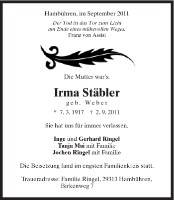 Traueranzeige von Irma Stäbler von Schwäbische Post