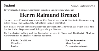 Traueranzeige von Raimund Brenzel von Gmünder Tagespost
