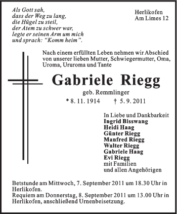 Traueranzeige von Gabriele Riegg von Gmünder Tagespost