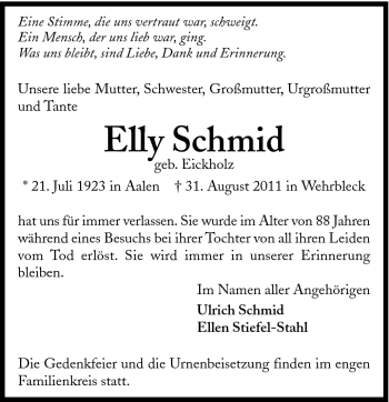Traueranzeige von Elly Schmid von Schwäbische Post