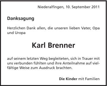 Traueranzeige von Karl Brenner von Schwäbische Post